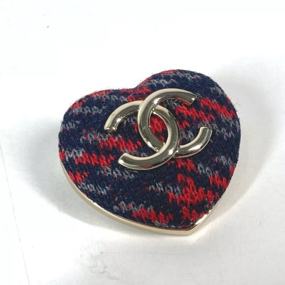 CHANEL Heart CC Mark CC Accessories Brooch tweed Navy x Red - Picture 1 of 10